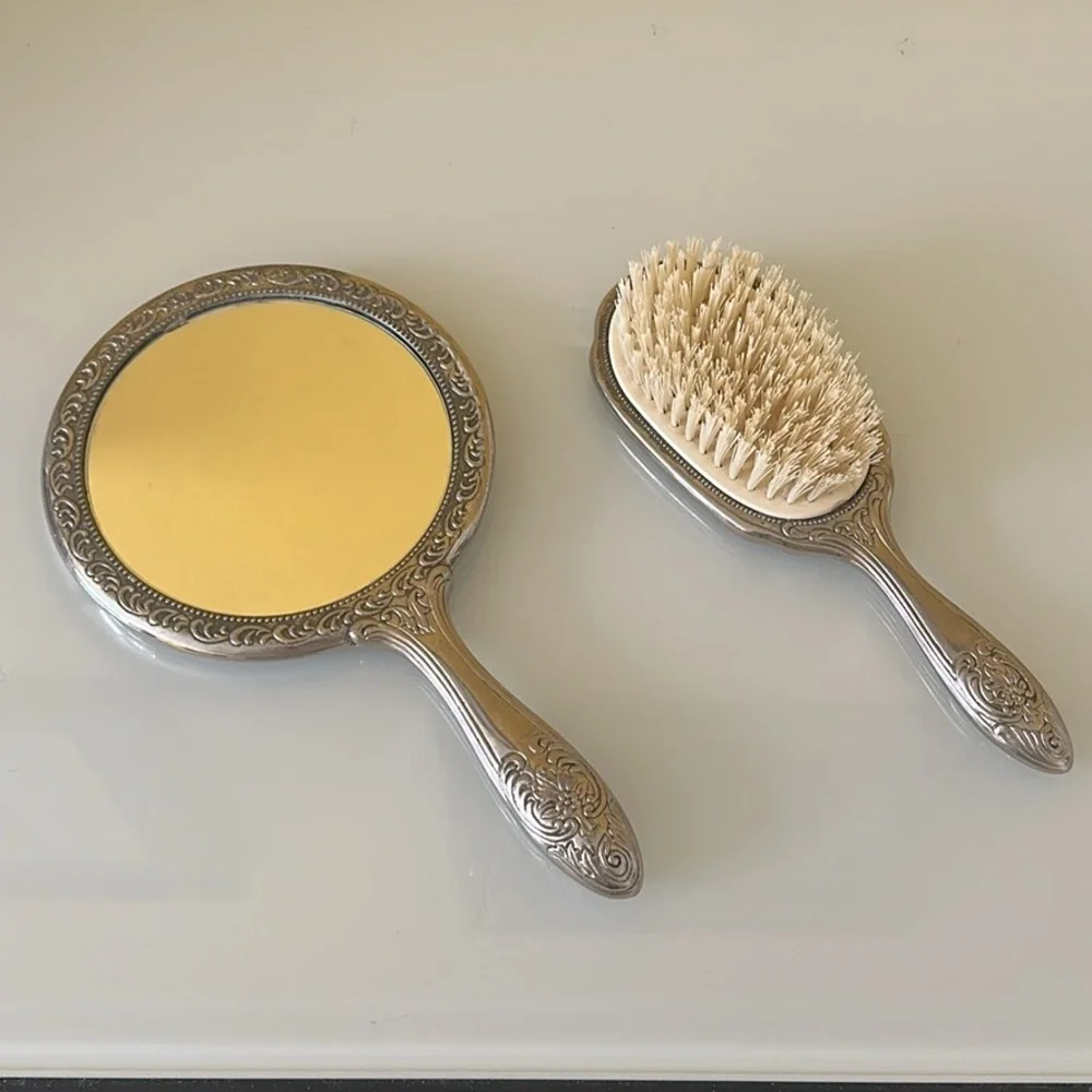 Vanity Hand Held Mirror and Brush Set Ornate Victorian Silverplate